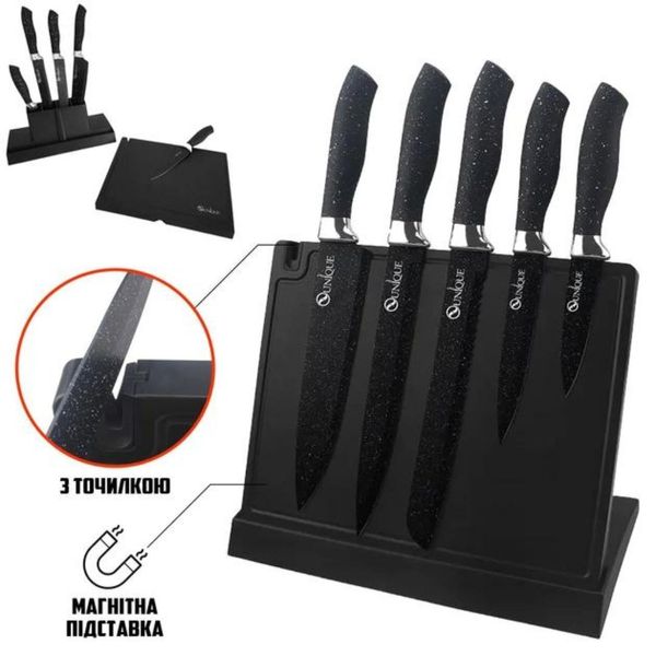 Набір кухонних ножів з магнітною підставкою(6 предметів + точилка) чорні UN1841 фото