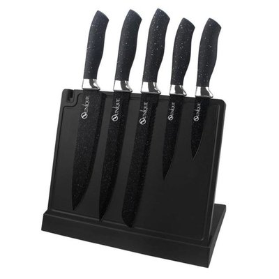 Набір кухонних ножів з магнітною підставкою(6 предметів + точилка) чорні UN1841 фото